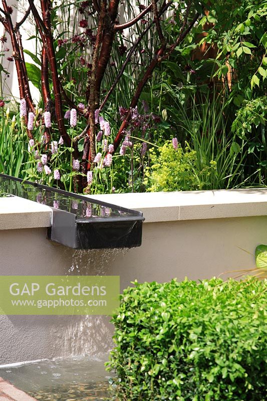 A water rill leading from a pool and sunken seating area in a courtyard garden surrounded by planting of mixed perennials, shubs, herbs and grasses in the A Welcome Sight Garden, Designed by Adam Frost, Chelsea Flower Show 2008, Best Urban Garden Gold medal Winner