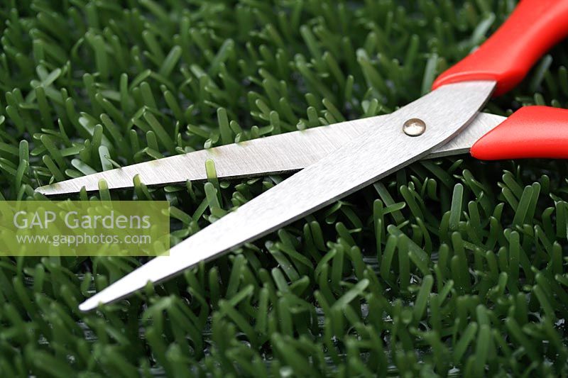 Scissors cutting plastic astroturf lawn