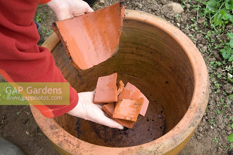 Planting mixed herb pot - crocking for drainage