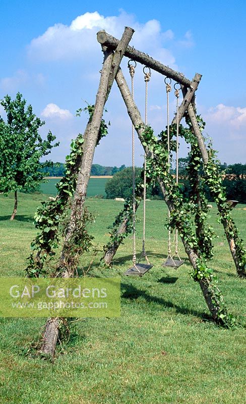 Childrens swings with climbing plants
