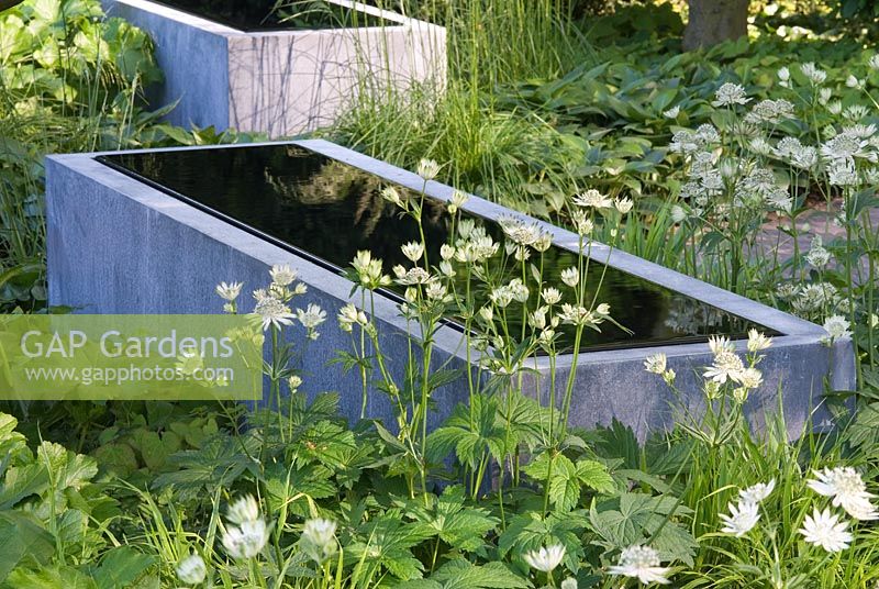 Zinc water tanks, Astrantia 'Shaggy' - The Laurent Perrier Garden - Winner of Best Show Garden RHS Chelsea Flower Show 2008