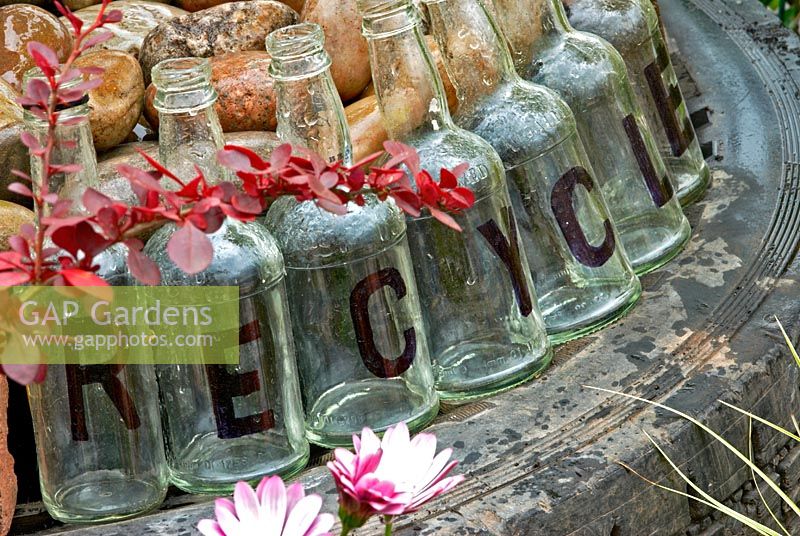 'Recycle' written on glass bottles - Recycle Garden by Viridor, National Amateur Gardening Show 2007