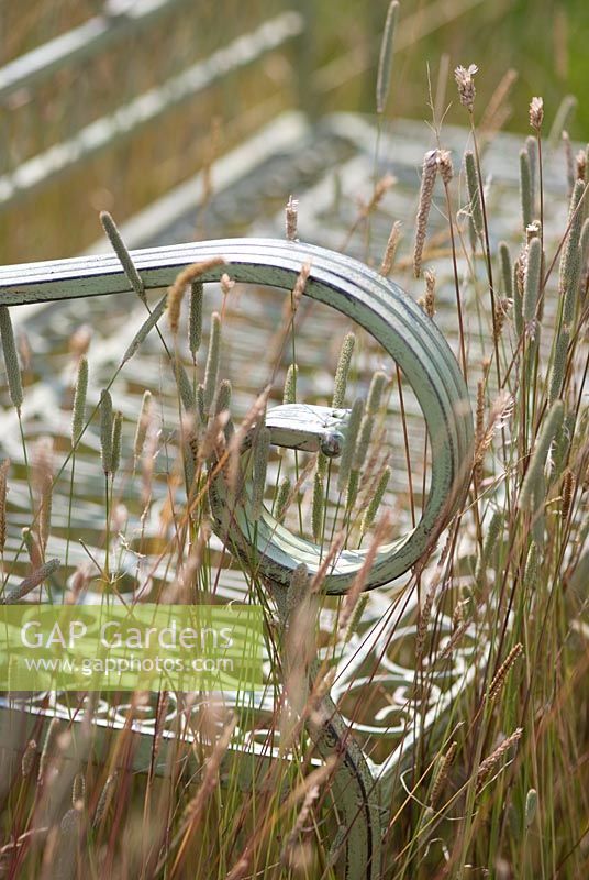 Shabby chic pale blue metal bench detail with wild grasses