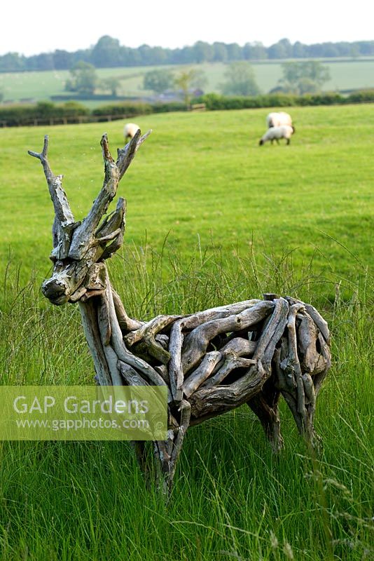 Deer sculpture made from natural wood - The Old Rectory, Haselbech, Northamptonshire