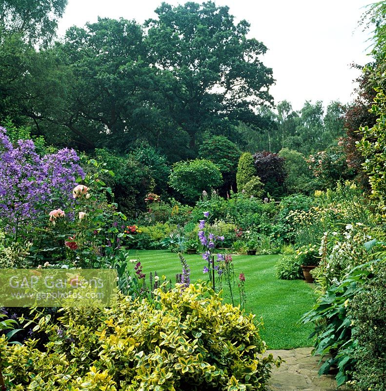 Mixed herbaceous borders around a well kept lawn at - Ashover NGS