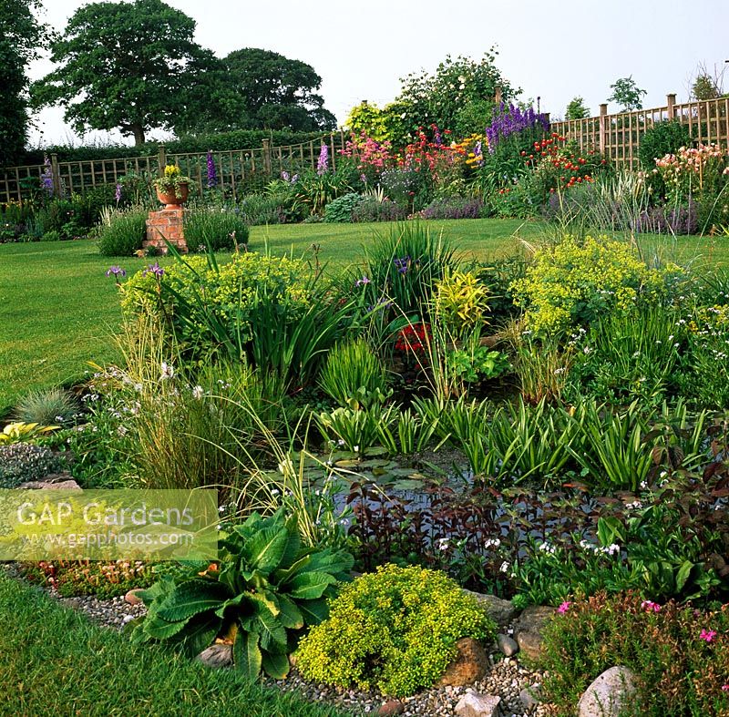 Wide range of interesting herbaceous plants and lily pond at Argoed Cottage Flintshire NGS