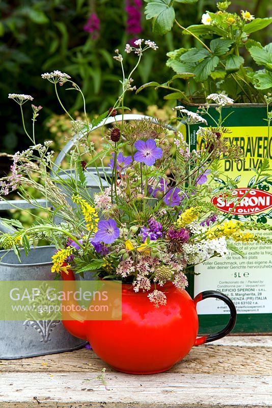 Enamel teapot with wild flower arrangement - Cow Parsely, Vetches, Geranium and Scabious