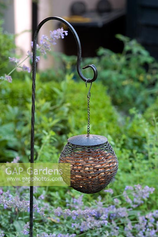 Bird feeder filled with nuts, hanging on a hook