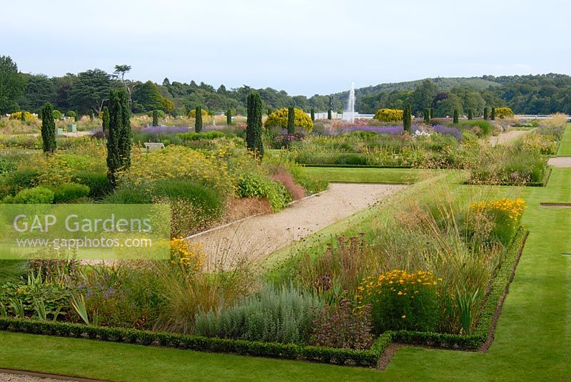 Mixed perennials and ornamental grasses -The Italian Garden at Trentham, designed by Tom Stuart-Smith
