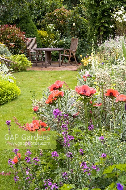 Poppies in the cottage garden with table and chairs at Honeybrook House Cottage, Worcestershire