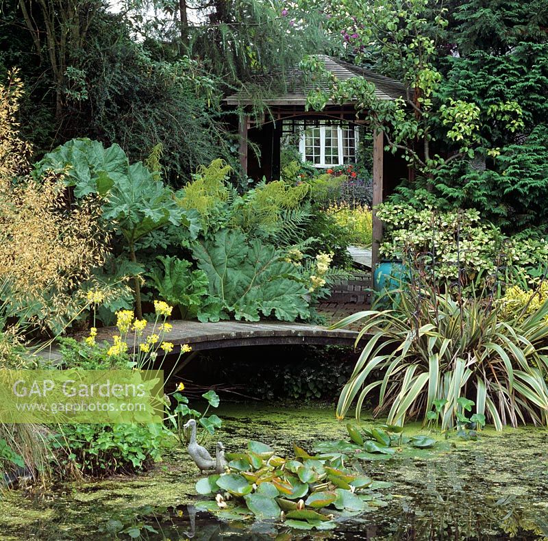 Water garden showing pond with timber bridge and arbour with full length mirror  creating illusion of depth
