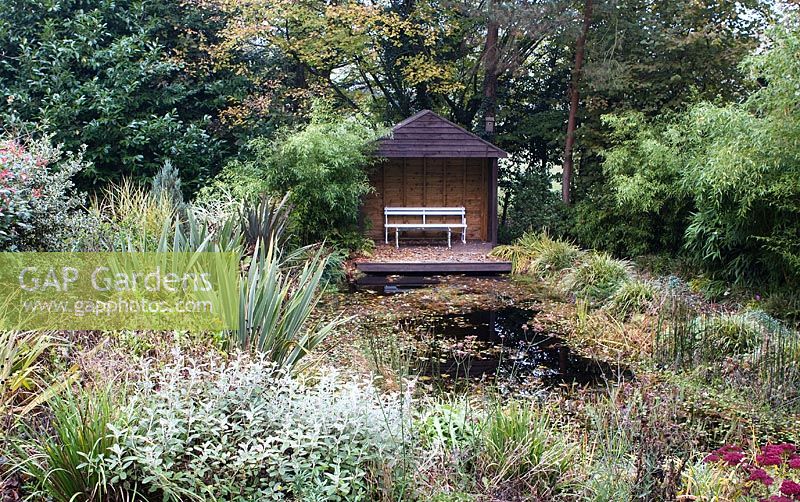 Gazebo and wildlife pond at Honeybrook House Cottage, Worcestershire in Autumn