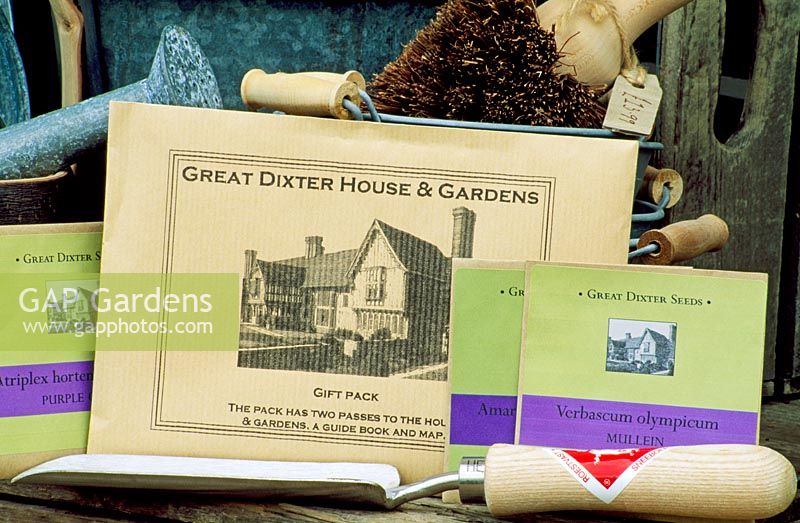 Seeds, gift packs and traditional tools for sale at the shop, Great Dixter Nursery, East Sussex.