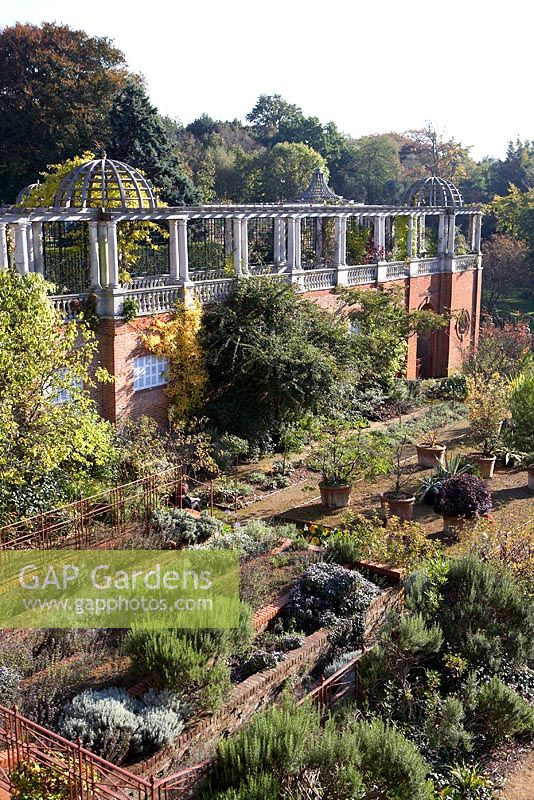 The Pergola at Hampstead Heath with walled herb garden in autumn sunlight