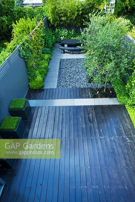 Small contemporary garden with black painted deck with grey pebbled patio, black marble table and Catalpa on the right - London
