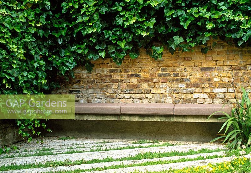 A seating area at the rear of the garden. Ivy greens the wall, alternating strips of textured concrete and sedum create the floor