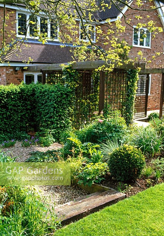 The staged pergola and hedge planting divide the space in this diffiuclt shaped garden