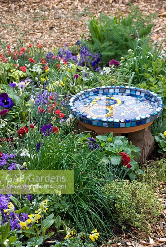 Mosaic birdbath surrounded by edible plants including chives, thyme and mint - The Eats Shoots and Leaves Garden, RHS Cardiff Flower Show 2009