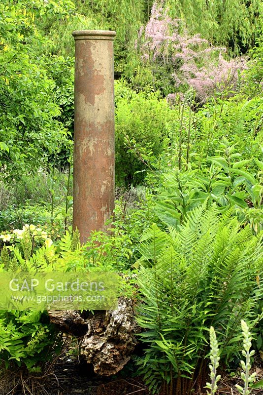 Tall chimney pot used as focal point in mixed border with ferns, Digitalis, shrubs and trees in May