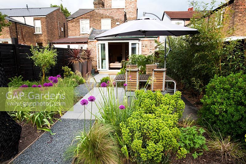 Patioa area with Euphorbia robbiae and Allium 'Purple Sensation' - Small urban garden in London
