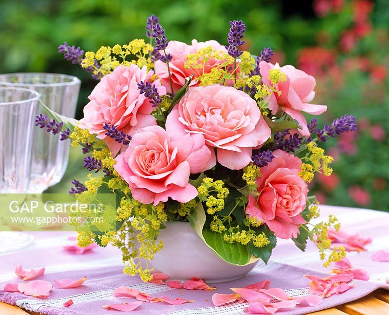Cut flowers in a tabletop vase - Rosa, Lavandula, Alchemilla and Hosta 