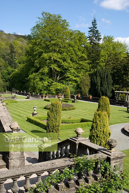 Balustrading, urns, geometric box-edged beds, and sculpured yews in the formal terraced garden at Rydal Hall, Cumbria