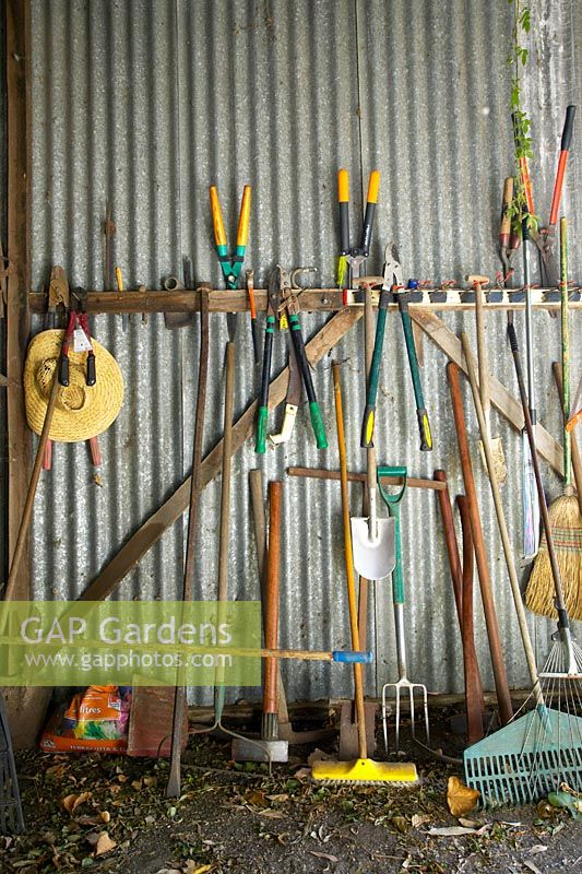 Corrugated iron shed, with gardening tools hanging on walls