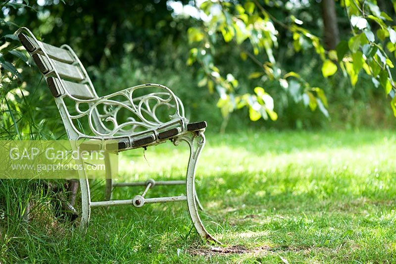 Garden bench under the shade of trees at Ryton organic centre, Warwickshire, England