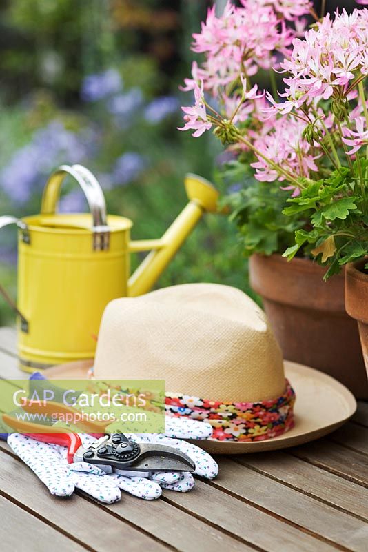 Sunhat, gloves and secateurs on garden table with pink Pelargonium