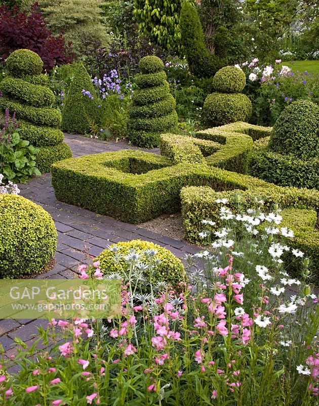 Knot Garden with various shaped box shrubs and hedges, brick pathways and herbaceous perennials - Woodpeckers, Warwickshire