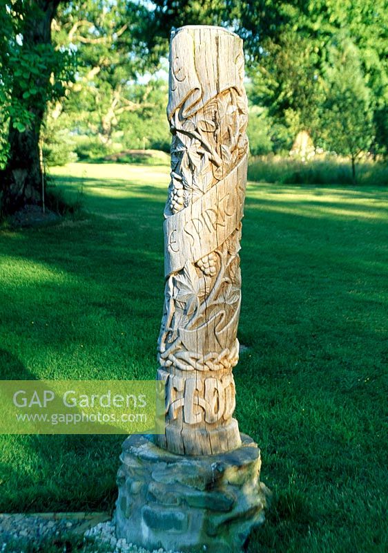 The carved oak column - Llanllyr Garden, Talsan, Ceredigion, Wales