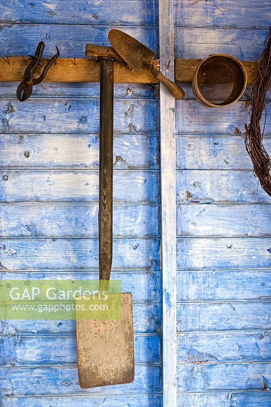 Old gardening tools in the Victorian potting shed, RHS Harlow Carr