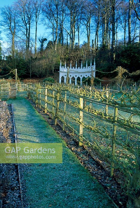 View to the Exedra from within the Kitchen Garden - Painswick Rococo Garden, Painswick, Gloucestershire in February