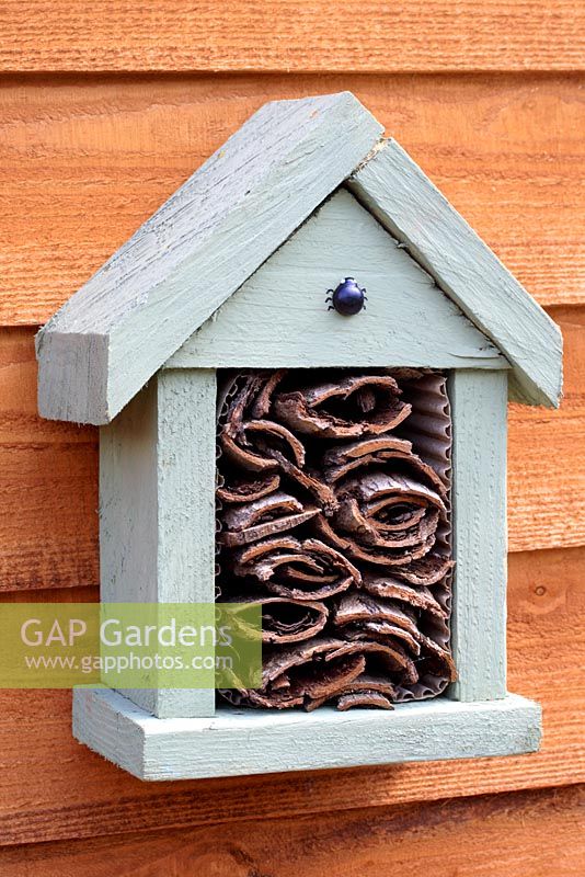 Homemade insect house with tree bark inside