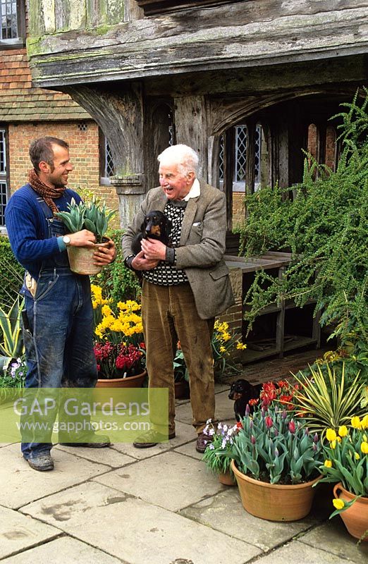 Christopher Lloyd and Fergus Garrett outside the front porch at Great Dixter