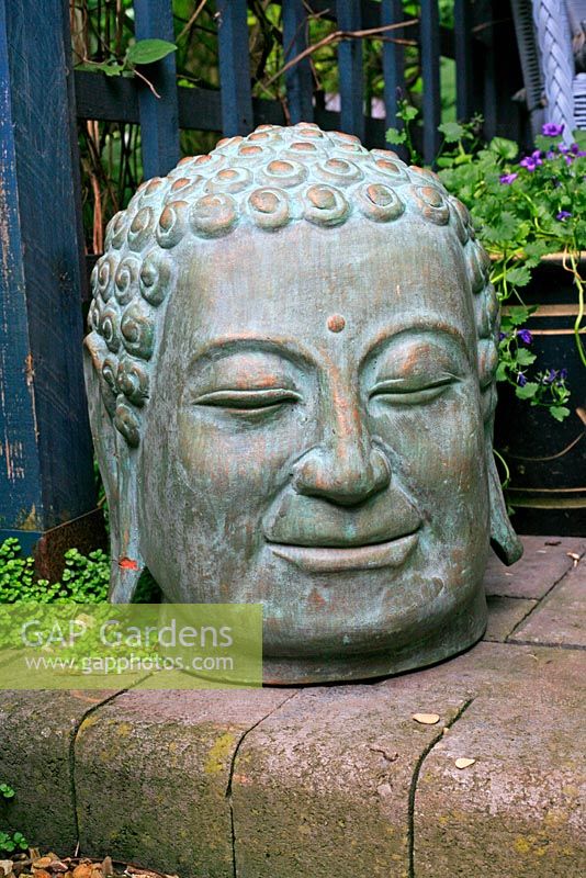 Ceramic Buddha's head forms a focal point amongst pots