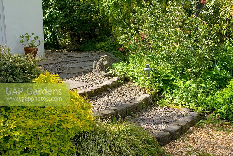 Gravel path with candle lanterns, and steps of stone setts leading to house with adjacent borders containing Elaeagnus macrophylla, Spirea, Laburnum and Carex 'Evergold' at Aureol House, Lancashire