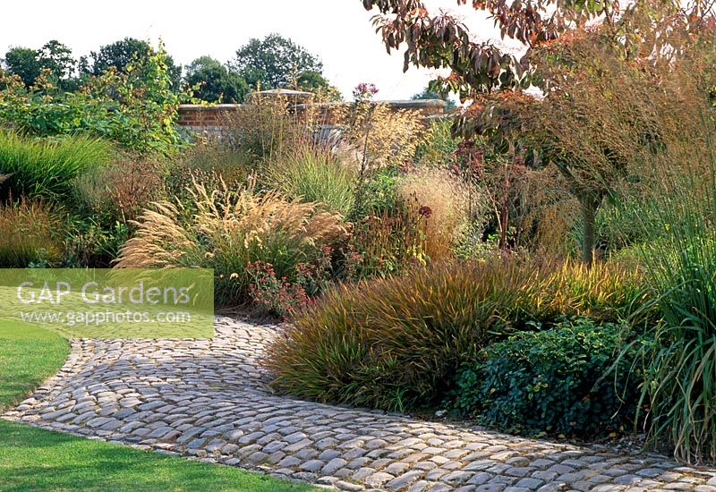 Curved cobbled path lines this grass border with Molinia caerulea 'Transparent' 