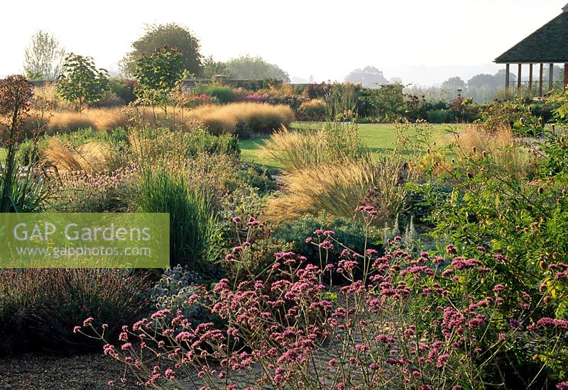 A broad view of informal perennial and grass borders catching the late afternoon sun - Bury Court