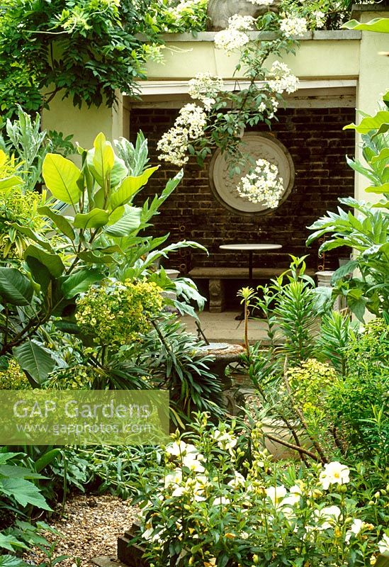 London garden with Rosa, Cistus, Magnolia tree and Euphorbia, sundial and covered seating area