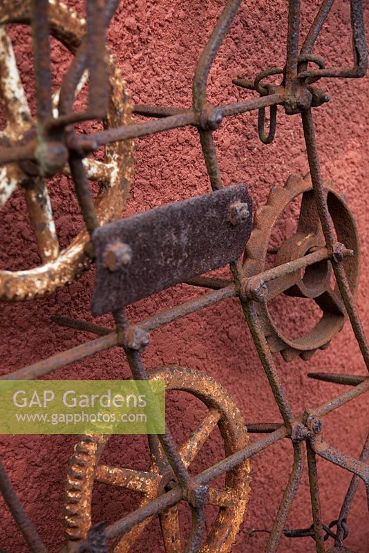 Rusty metal wall sculpture made with found objects- Roof Terrace Garden