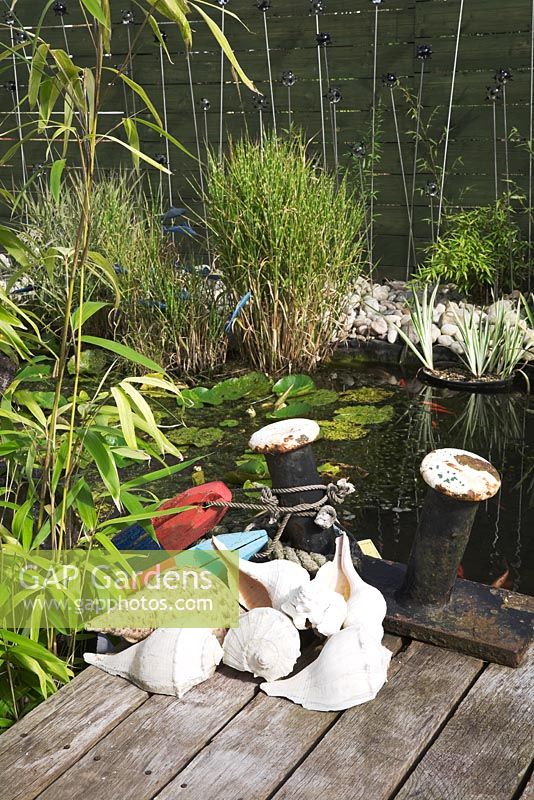 Seaside Inspired garden. Collection of large shells and painted floats on pond deck with mooring posts and Miscanthus sinensis 'Zebrinus' - Bamboo.