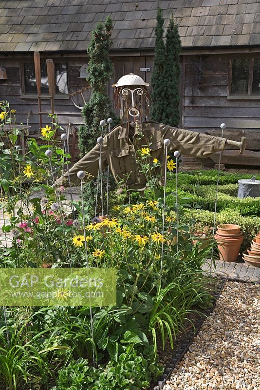 Seaside Inspired garden. The yellow garden with scarecrow made from a colander, cutlery and old pitchfork. Helianthus, Rudbeckia, Echinops, Cosmos and Fennel growing in border. Small Box - Buxus parterre by rustic beach hut and Taxus - Yew columns behind.
