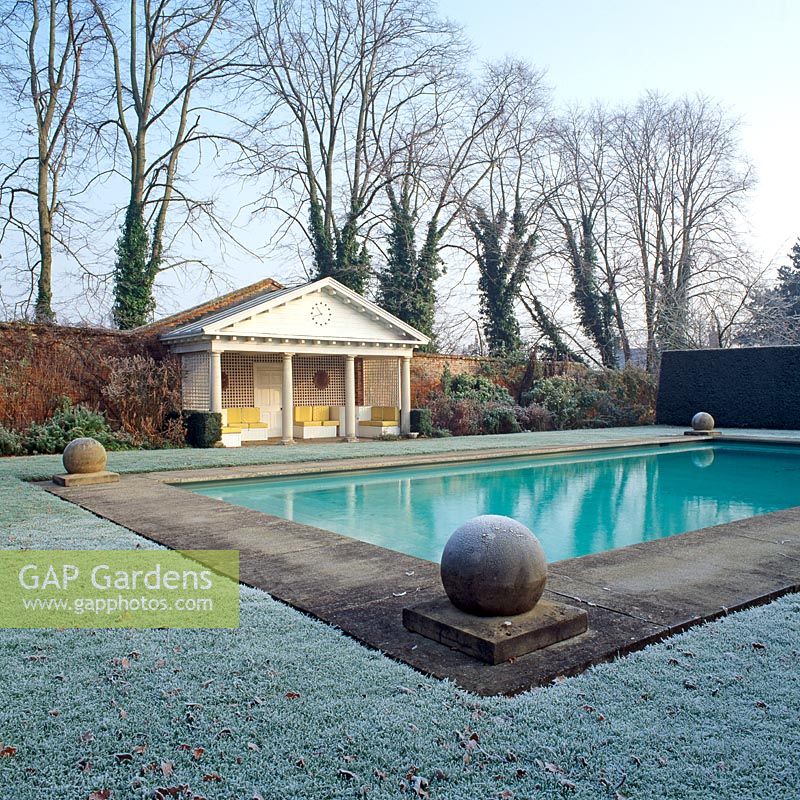 The Pool Garden in Winter, The Old Rectory, Burghfield, Berkshire. 