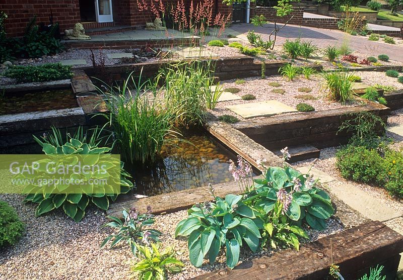 Front garden with raised beds and pond