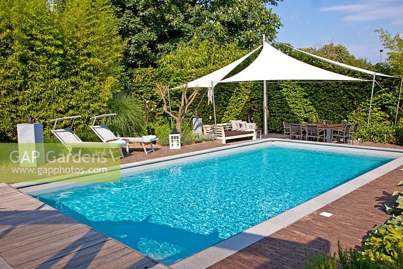 Swimming pool, patio and loungers with canopy
