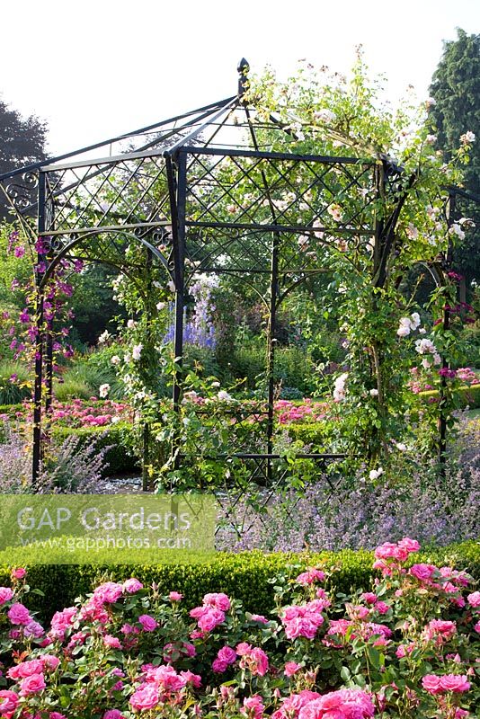 Gazebo surrounded by flowerbeds of Nepeta 'Six Hills', Rosa 'Melrose', Rosa 'New Dawn', Clematis 'Rouge Cardinal' and Clematis 'Etoile Violette' 