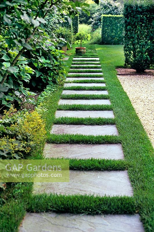 Pathway through lawn leading to meadow, border on left planted with Alchemilla mollis and Hydrangea - Hither Lane, Long Island, USA
