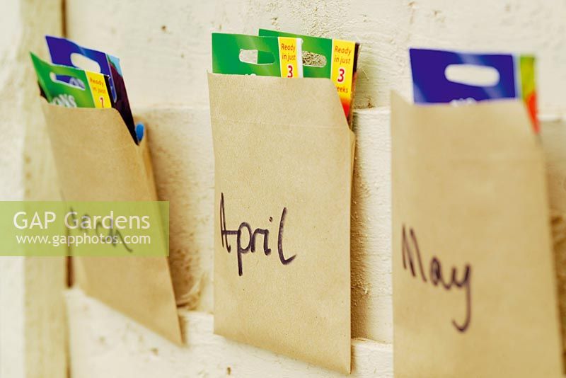 Brown envelopes with days of the month written on them for storing seeds