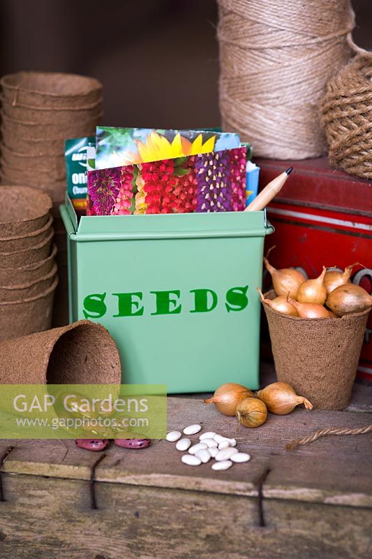 Fairtrade seed tin with seed packets, garden string, Runner bean seed 'Prizewinner stringless', Onion sets 'Turbo' and French bean seed with biodegradable planting pots on an upturned wooden crate